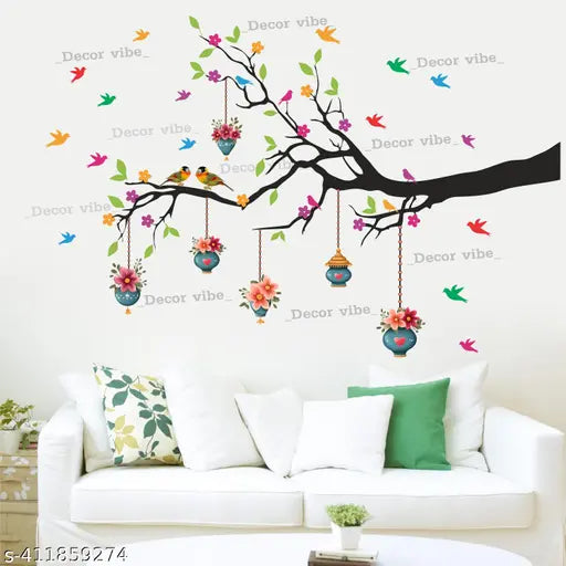 Decor vibe Trendy Tree And Flowers Wall Sticker ( Size 76X50.5CM )