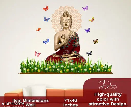Art Kafe™ Red Gautam Buddha with Butterflies Wall Sticker