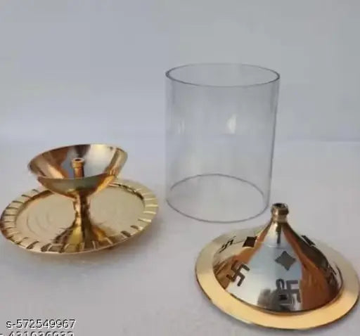 Brass Pooja Diya for Puja & Religious Rituals with Borosilicate Glass Cover for Home,Office & Temple | Traditional Gifting