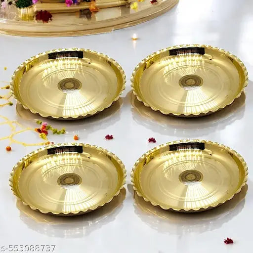 Pure Brass Puja Plate Combo Pack/Pooja Thali Set for Daily Rituals & Offerings (Pack of 4)