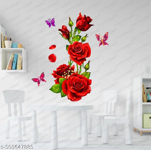 Red Rose Flower - Valentine florals - Self Adhesive Wall Sticker ( Packed Of 1 )