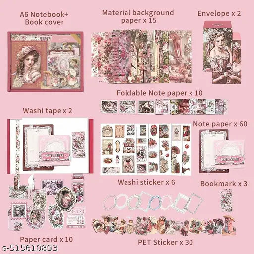 346PCS Vintage Scrapbook Kit Aesthetic Junk Journal Set with Stickers, Washi Tape & A6 Notebook with Decorative Paper Stationery (Retro Queen Pink)