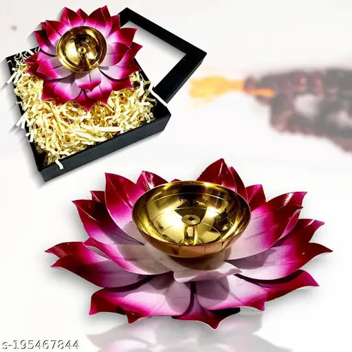 Lamina Decorative Lotus Diya for Puja LARGE size (6inch diameter | Pink & White petals) deepak with Center Wick Holder, Pital Akhand Deep Vilakku for Home Décor, Daily/Festive Worship, Diwali, Housewarming, Marriage & Return Gift for guests (Mandir ka Diy