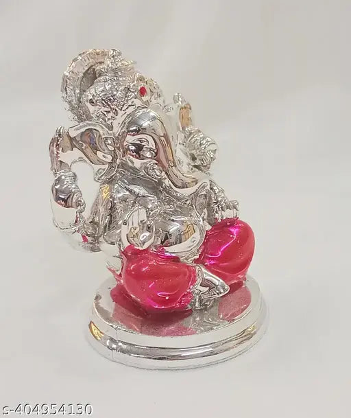 Silver Plated Finish Resin Ganesha with Red Dhoti Ganesh Idol Car Dashboard, Home Decor & Pooja Room - Hindu Ganesha Statue India Ganpati Lord Murti Mandir Diwali Gifts Silver color for house warming ceremony, office, gifts for girlfriend, boyfriend, frie