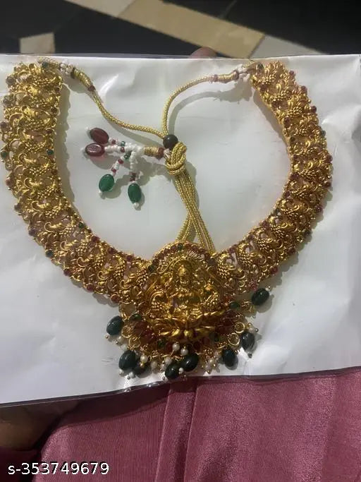 Traditional South Indian Temple Jewellery Laxmi Design Semi Bridal Jewellery Set With Green And White Pearls (Drops) Paired With Earrings For Women And Girls Jewellery Set.