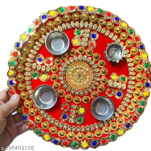 Handmade Decorative Pooja Thali, Puja Plate, Karwachauth Thali Set | Diwali Gift Items | Decorative Items for Pooja | Aarti Thali Decorative