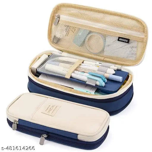 Large Capacity Pencil Case, Multiple Compartment Double Zipper Portable Pencil Pouch, Aesthetic Pouch, Kawaii Pencil Case, Cute Pouches for Girls, Stationary Organizer Bag (DarkBlue)