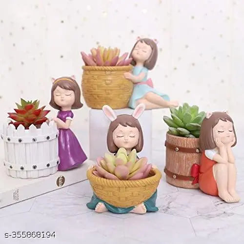 "MORATER" Cute Beautiful Combo Pack of 4 Girls Succulent Planter Pots Resin Creative Flowerpot Plant Pots Planter Container for Home Garden Office Desktop Decoration - Multi (Pack of 4)