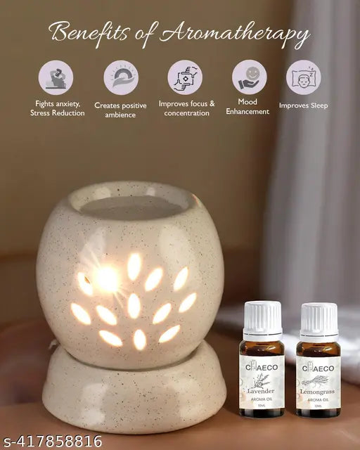 CHAECO Ceramic/Diffuser Electric Oil Burner Essential Oil for Home Fragrance with Aroma Fragrances- Lavender, Lemon Grass & 1 Electric Diffuser (10 ml Each)