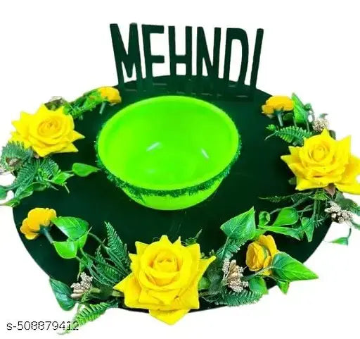Mehndi Platter Wedding Decoration Artificial Flower Mehndi Tray Wood Jute (1 Pieces, Mehndi)