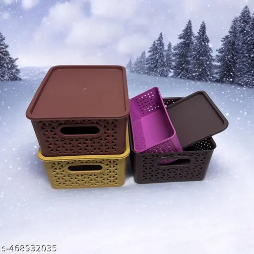 Multipurpose Solitaire Storage Basket with Lid|Side Handles & Wovan Design|Size 25 x 20 x 11 CM|Pack of 4 (Multi)