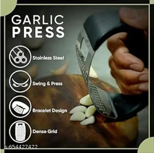 Steel Garlic Press Rocker,Stainless Steel Garlic Mincer Chopper Ginger Crusher and Peeler Squeezer Press Kitchen Gadget with Handle