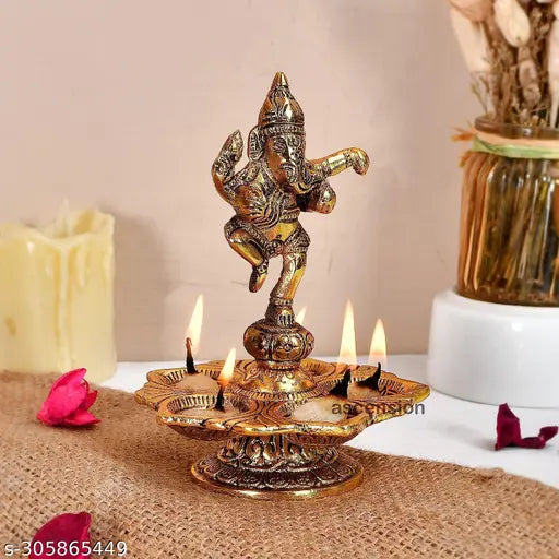 Metal Dancing Ganesh Diya with 5 Wick Holder with Stand for Pooja Room Diwali Home Decoration Antique Lord Ganesha Diya for Temple Oil Lamp...