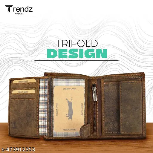 Trendz Firenze Vertical RFID Blocking Genuine Leather Wallet for Men Tall Brown Bifold Wallet with Coin Pocket Zipper ID Window & 9 Card Slots Slim Vintage Gents Wallet for Travel & Daily Use