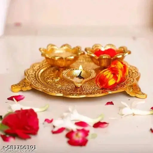 Small Size - "Premium Decorative Pooja Thali Set with Kumkum, Rice & Diya Holders | Antique Gold Finish Puja Plate for Diwali, Navratri, Raksha Bandhan & Wedding Rituals"- ( Gold Plated )