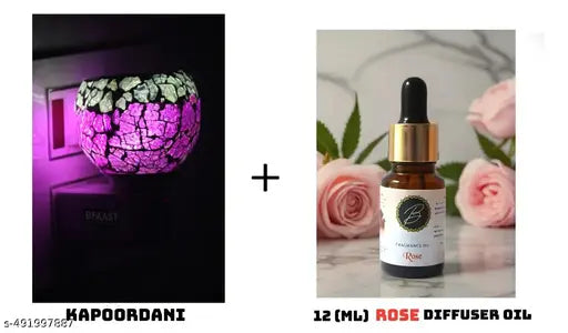 Kapoordani cum Oil Diffuser with NightLamp + 12ml premium  Rose AromaOil