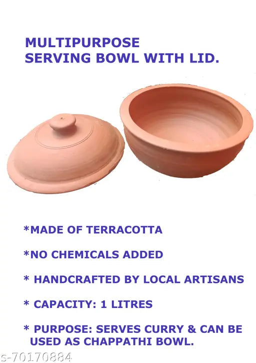 Handcrafted Ornately Designed Earthenware Serving Bowl with Lid ( Brown, 1.20 Litre) | Clay Casserole with Lid | Serving Pot