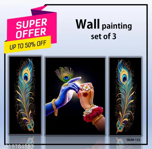 BA Radha Krishna Ji UV Textured Wall Art | Set of 3 Self-Adhesive Decorative Paintings (18 x 12 Inch) | Spiritual Home Decor – Unframed (BA SBJM-152)