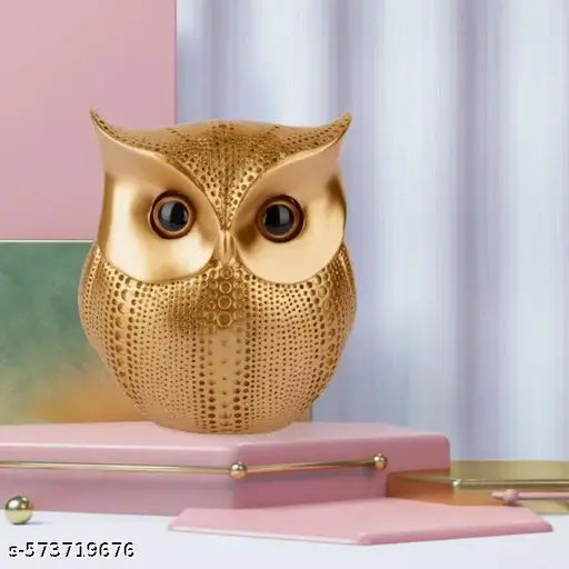 Modern Classy Lucky Owl Resin Art Figure Showpiece (Golden), 1 Piece