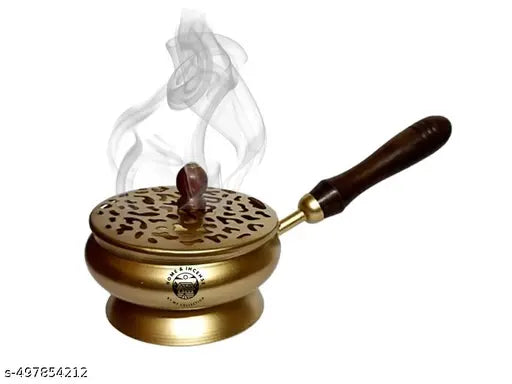 Home & Incense Metal Charcoal Incense Burner, Bakhoor Burner, Sambrani Dhoop, Loban Burner with Wooden Handle for Home Decor,Temples,Offices & Prayer Butler ( Gold )
