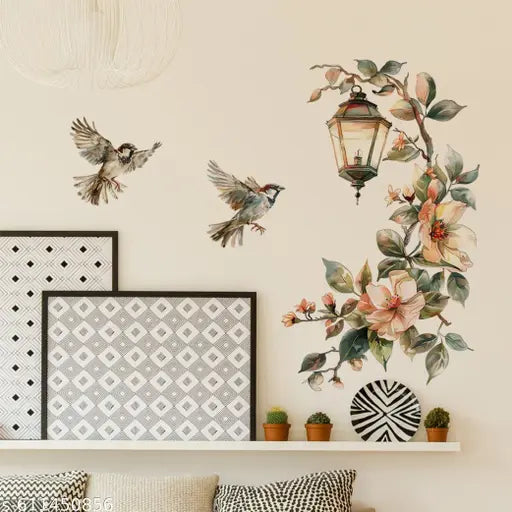 Nisha Tredars  “Flying Sparrows with Floral Lantern Decor” wallsticker