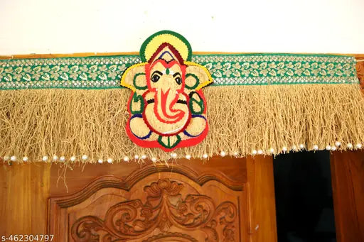 Vetiver Door Toran,3 Feet Natural Vetiver Main Door/Pooja Room Torana with 1 Vetiver Modern Vinayagar and Pearls attached (Length- 36 inches)