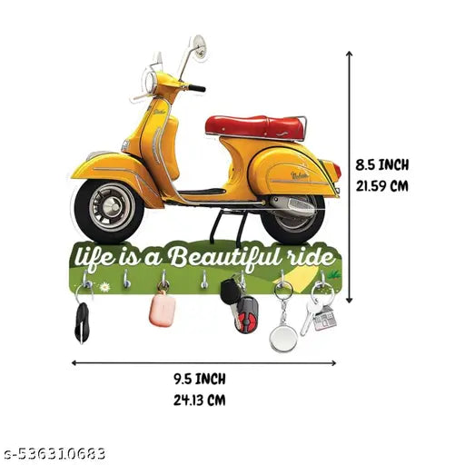 Vintage Scooter-Themed Key Holder – "Life is a Beautiful Ride" Wall Mount with 7 Hooks (9.5 x 8.5 Inch)