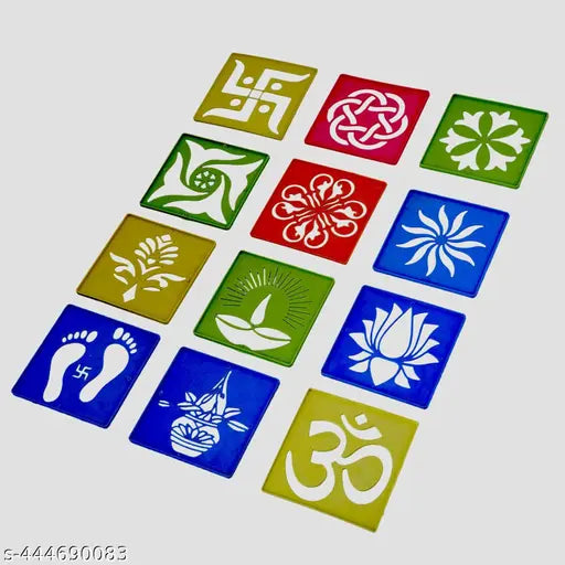 12 Different Design Draw Rangoli Making Kit Rangoli Stamp Om Swastik Flower design Colourful Rangoli Making Stencils