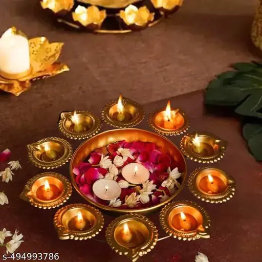 Diya Urli Diya & Flower Floating Decorative Bowl for Floating Flowers and Tea Light Candles Home,Office and Table Decor| Diwali Decoration Items, Metal, Gold Finish. 10 inches