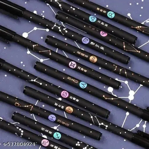 Erasable Constellation Star Galaxy Printed Zodiac Gel Pens 0.5mm Gel Blue Ink Pen Office School Stationary Supplies, Pack of 12 (Erasable Zodiac Pens 12Pc)