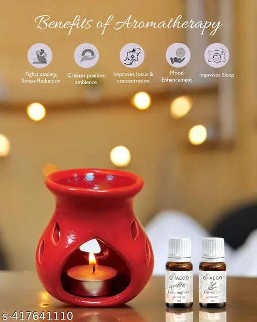 CHEECO Oil Burner Candle Diffuser for Home Fragrance, with 1 T-Light & 2 10 ml Aroma Oil-Fragrance Lemon Grass & Lavender (Red Diffuser Pot)