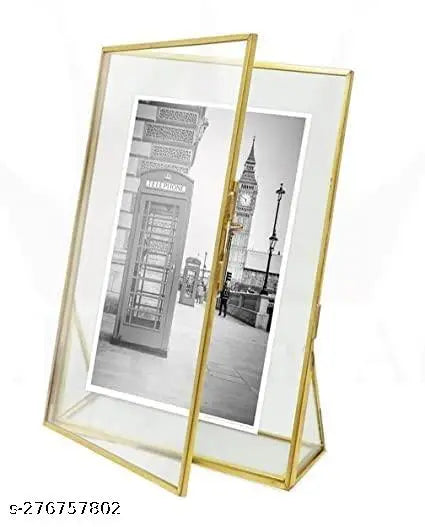 IAC Crafteriaaa Vintage Glass Stand Photo frame Home Decor Glass and Metal table top Picture Frame with 2 Sides Glass, with supporting Glass stand (20x15 cm, Golden), Tabletop