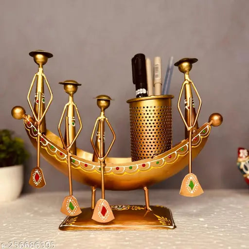 Handcrafted Kerala Boat Shaped Metal Showpiece with Pen Stand – 10x8 Inch