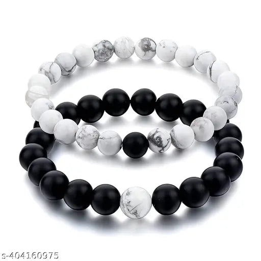 Fashion Distance Couple Natural Stones Reiki Yoga Healing Onyx and Howlite Unisex Bracelet for Men and Women