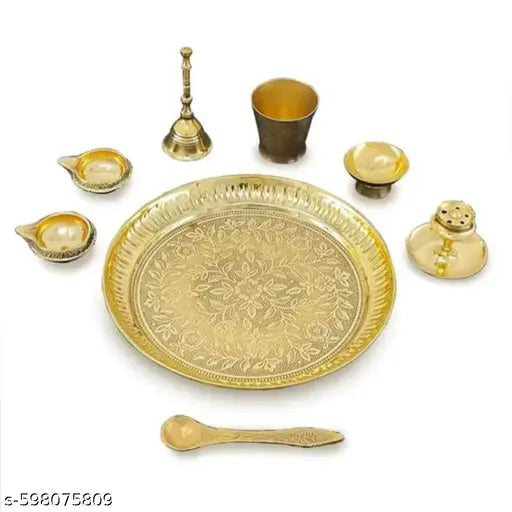Brass Pooja Thali Set 7 Inch with Pital Puja Plate Kalash Bowl Spoon Palli Ghanti Kuber Diya Chandan Wati Dhup Dan Arti Thali for Diwali Home Office Mandir Wedding Return Gift Items