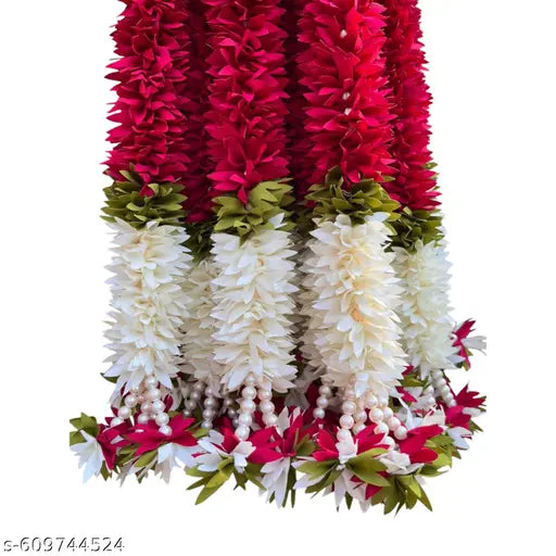 2 Feet Traditional Red & White Flower Garland for Diwali Decoration | Reusable | Pack of 4