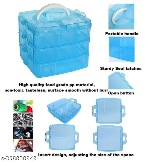 3 Layers 18 Grid Plastic Transparent Jewelry/Makeup/Cosmetic Storage Box Portable Jewelry Box Accessories for Earrings Ring (Blue)