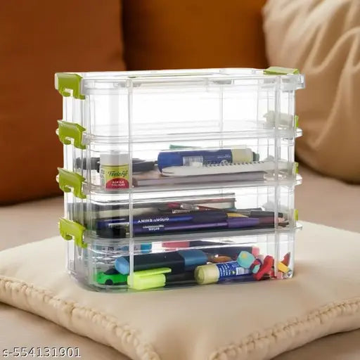 4 Layer Plastic Storage Containers with Lids, Multipurpose Clear Stack & Carry Box, Portable Craft Organizers, and Storage Bin for Organizing Arts & Crafts, Sewing, stationery box,(MultiColor)