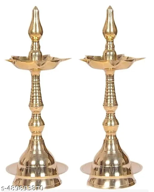 Set of 2 Brass Kerala Diya | Kashi Samayi Diya Oil Diwali Puja Lamp Golden Height 9 inch for Mandir, Traditional Rituals, Religious Purpose, Temple, Lighting, Decoration, Diwali Pooja