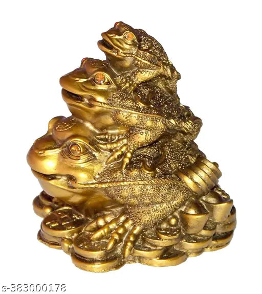 Triple Frog Family With Coin For Happiness, Health, Wealth and Positive Environment - 10 cm