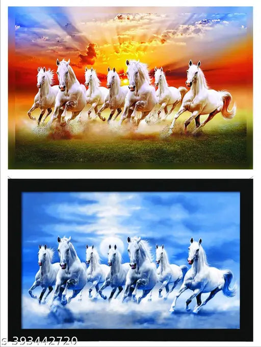 (Pack of 2)''vastu Poster''(unframed) White 7 Horse vastu Painting, beautiful Seven Horse Running At Sunrise, Wall Painting, Home Decor, Office Decor Photo Fine Art Print