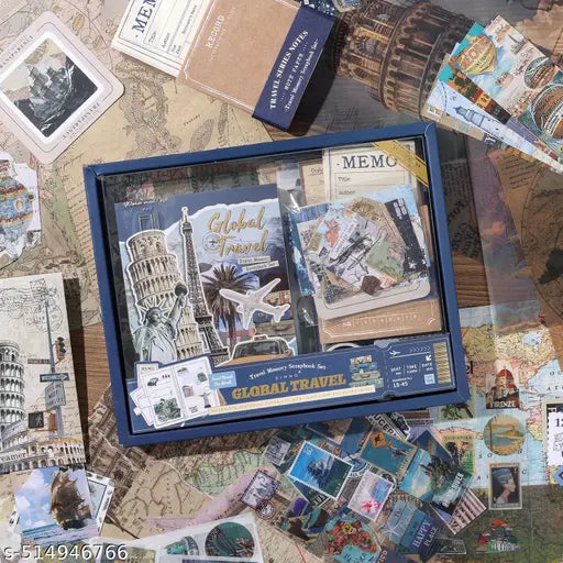 World Travel Scrapbook Kit A6 Grid Notebook Stationery Junk Journal Kit Scrapbooking Supplies Kit Craft DIY Gift for Adult Teen Girl