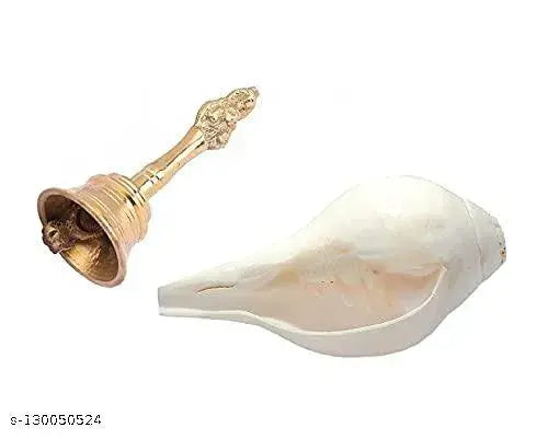 Combo of Nagpari Head Pooja Puja Bell Ghanti with Natural Blowing Shankh Decorative White Shankh for Diwali Lakshmi Poojan, Traditional Rituals, Religious Purpose, Mandir