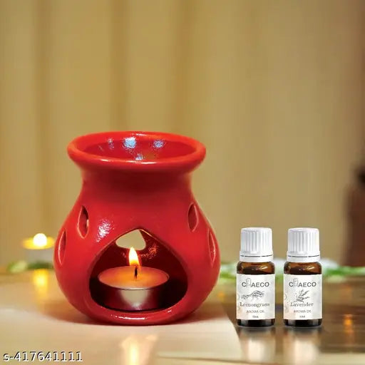 CHEECO Oil Burner Candle Diffuser for Home Fragrance, with 1 T-Light & 2 10 ml Aroma Oil-Fragrance Lemon Grass & Lavender (Red Diffuser Pot)