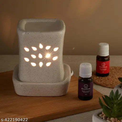 Handcrafted Ceramic Electric Aroma Diffuser| Aroma Oil Burner for Aromatherapy| Home Decor and Fragrance with Aroma Oils (Set of 1, Fragnance-Rosy Romance, English Lavender 10ML Each)