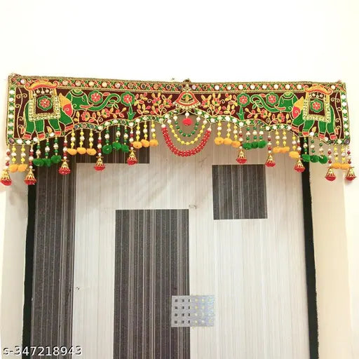 P.A.Traditional Door Hanging Bandanwal Designs of Elephant Embroidery/Mirror/Moti Toran for Home Decoration.[37 Inch]