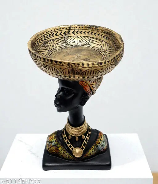 Decor Bazar™ African Lady Statue with Basket on Head | Decorative Organizer Showpiece for Tabletop, Home Decor, Living Room, Office & Gifting