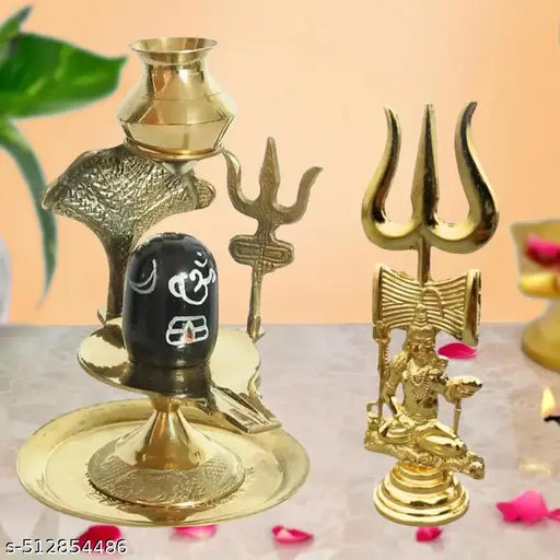 DARIDRA BHANJAN Metal Shivling, shiva set, shiv kit, shivling sheshnaag with trishul stand, Brass shivling, Shiv, Shiva Lingam, shivling Stand with Brass thali Plate.(Gold) Brass shivling shiva Vahan Nandi shiva puja