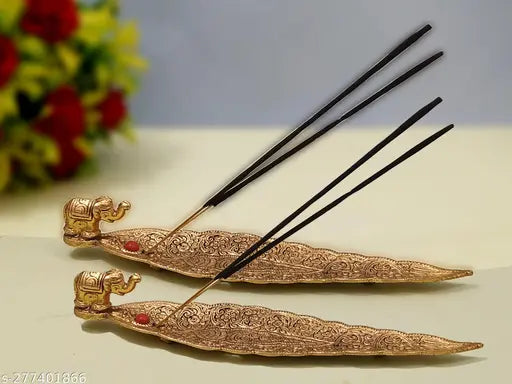 Metal Elaphant Incense Holder Pack of 2 (Agarbatti Stand) Decorative Showpiece - 4 cm (Metal, Gold)