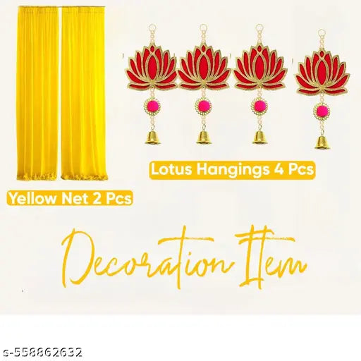 Lotus Pooja Backdrop Decoration Kit with Yellow Curtain & Pom Pom Bell Hangings | Traditional Festival & Mandir Decor Set